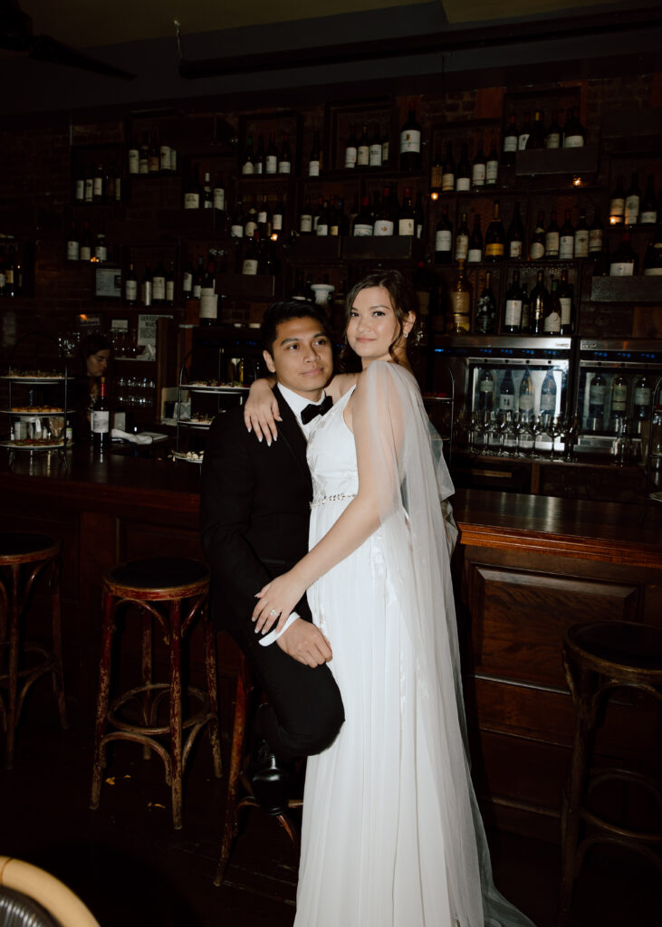 Romantic bride and groom photo at Bacchus Bistro a Vins