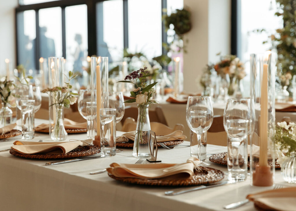 whimsical and natural wedding details and table set up at brooklyn grange wedding venue