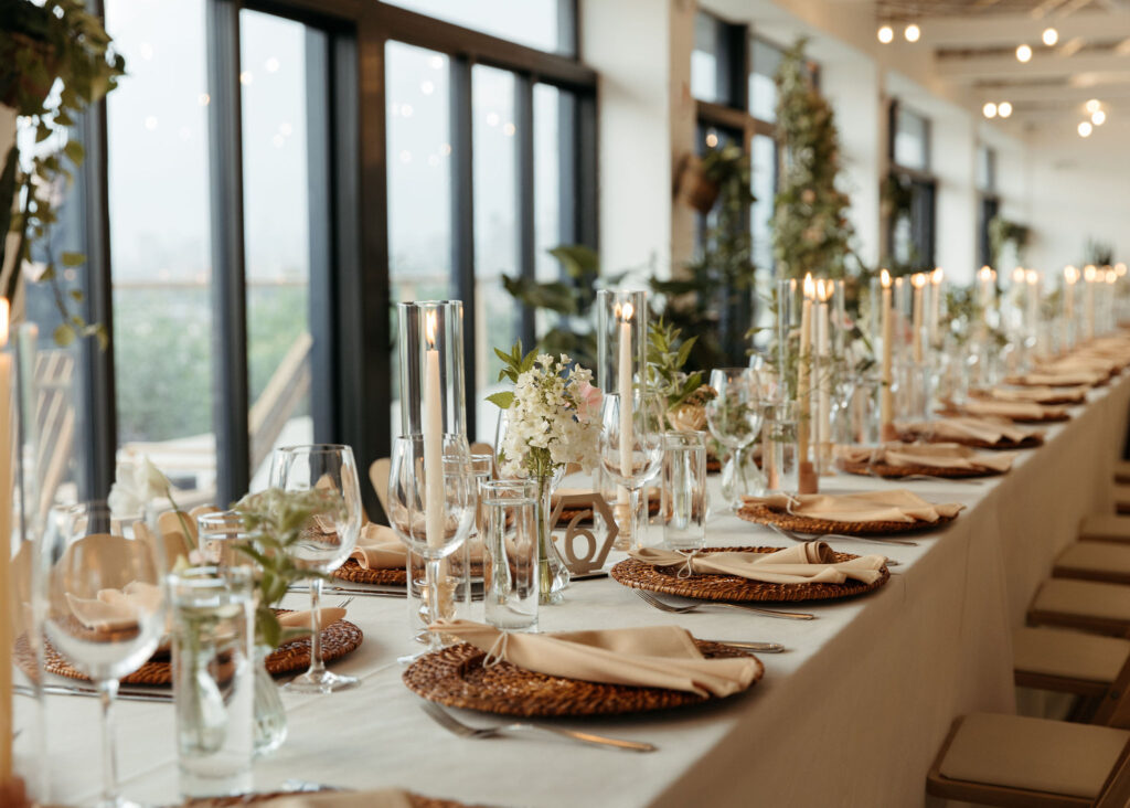 whimsical and natural wedding details and table set up at brooklyn grange wedding venue