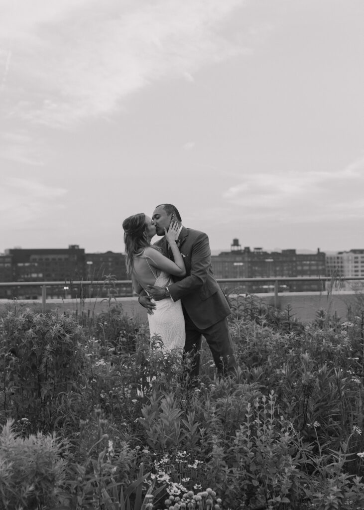 bride and groom brooklyn grange wedding portraits on the rooftop gardens