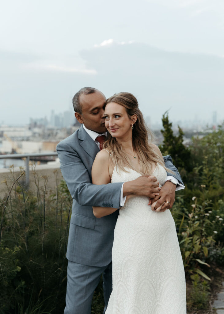 bride and groom brooklyn grange wedding portraits on the rooftop gardens