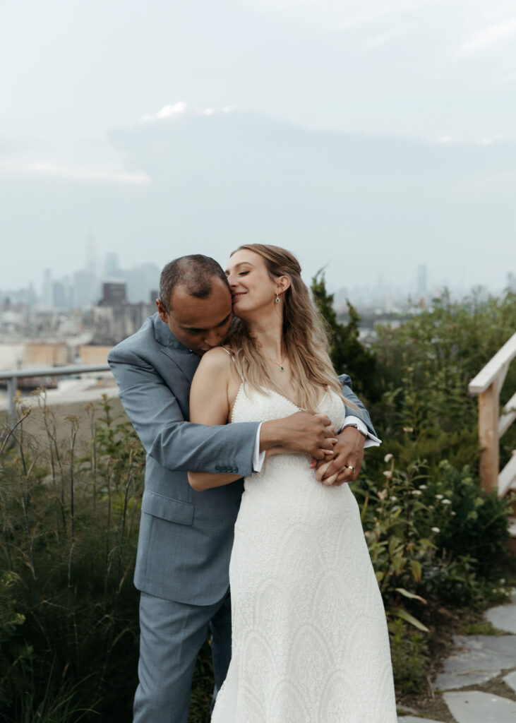 bride and groom brooklyn grange wedding portraits on the rooftop gardens