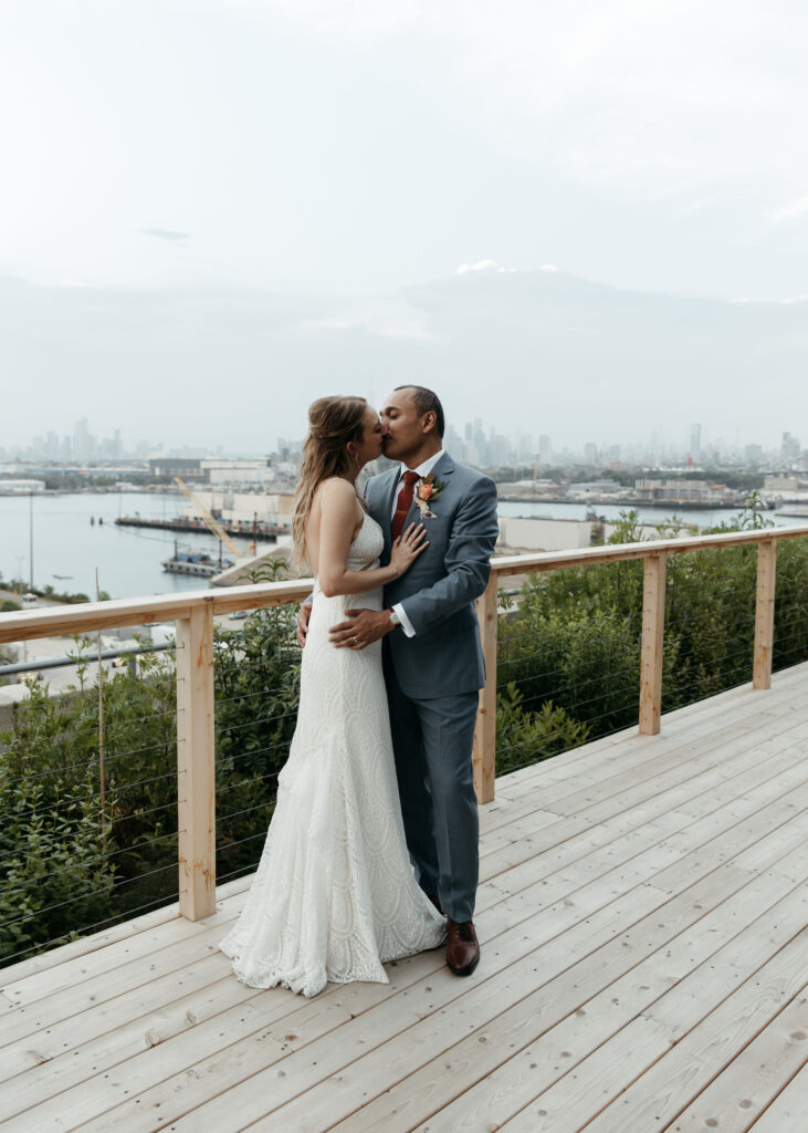 bride and groom brooklyn grange wedding portraits on the rooftop gardens