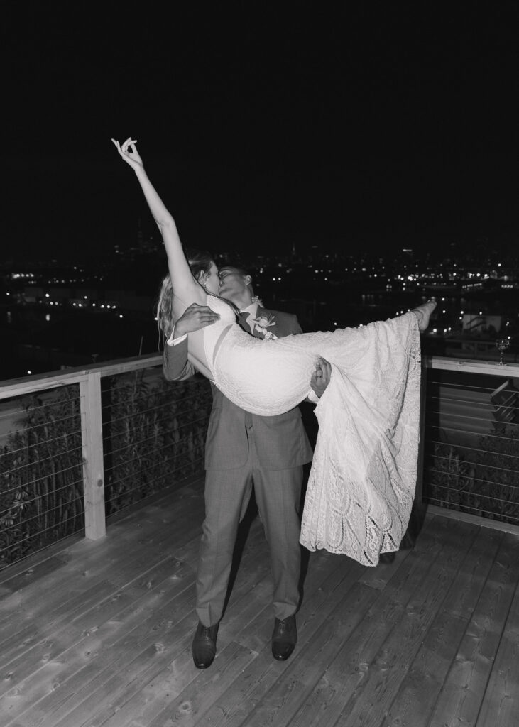 bride and groom nighttime rooftop wedding portraits