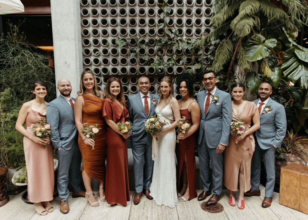 bride and bruidesmaids, mismatched terracotta bridemaid dresses