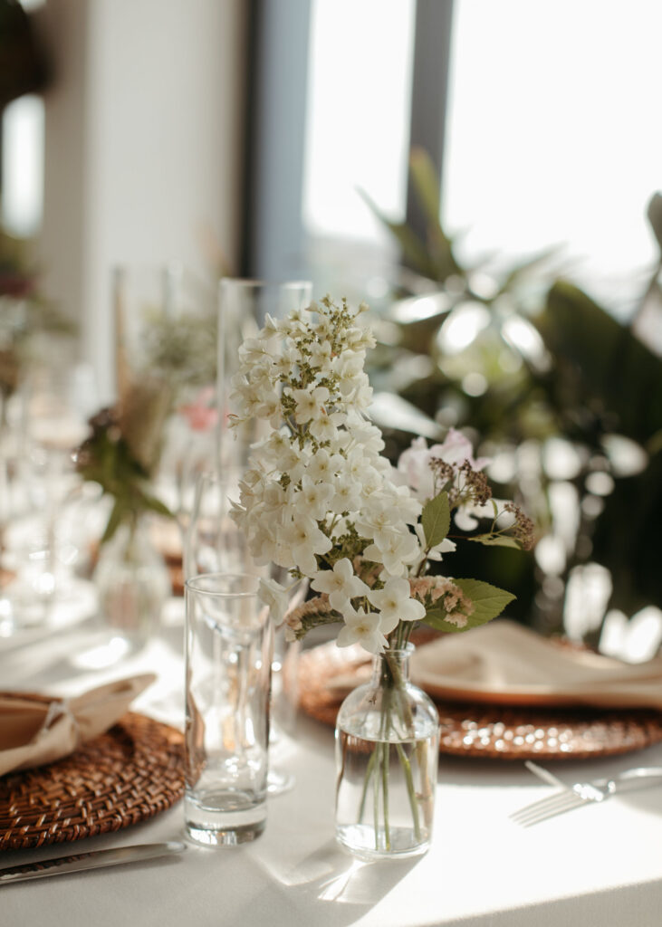 whimsical and natural wedding details and table set up at brooklyn grange wedding venue