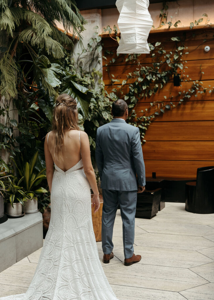 bride and groom first look at Ace Hotel, Brooklyn