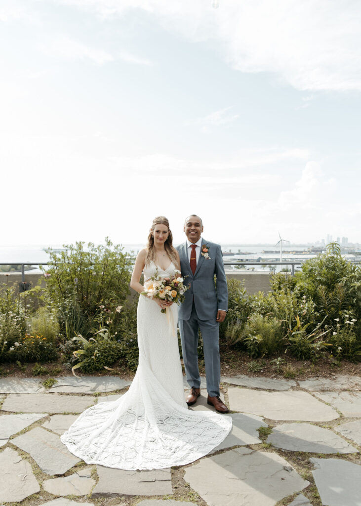 bride and groom brooklyn grange wedding portraits on the rooftop gardens