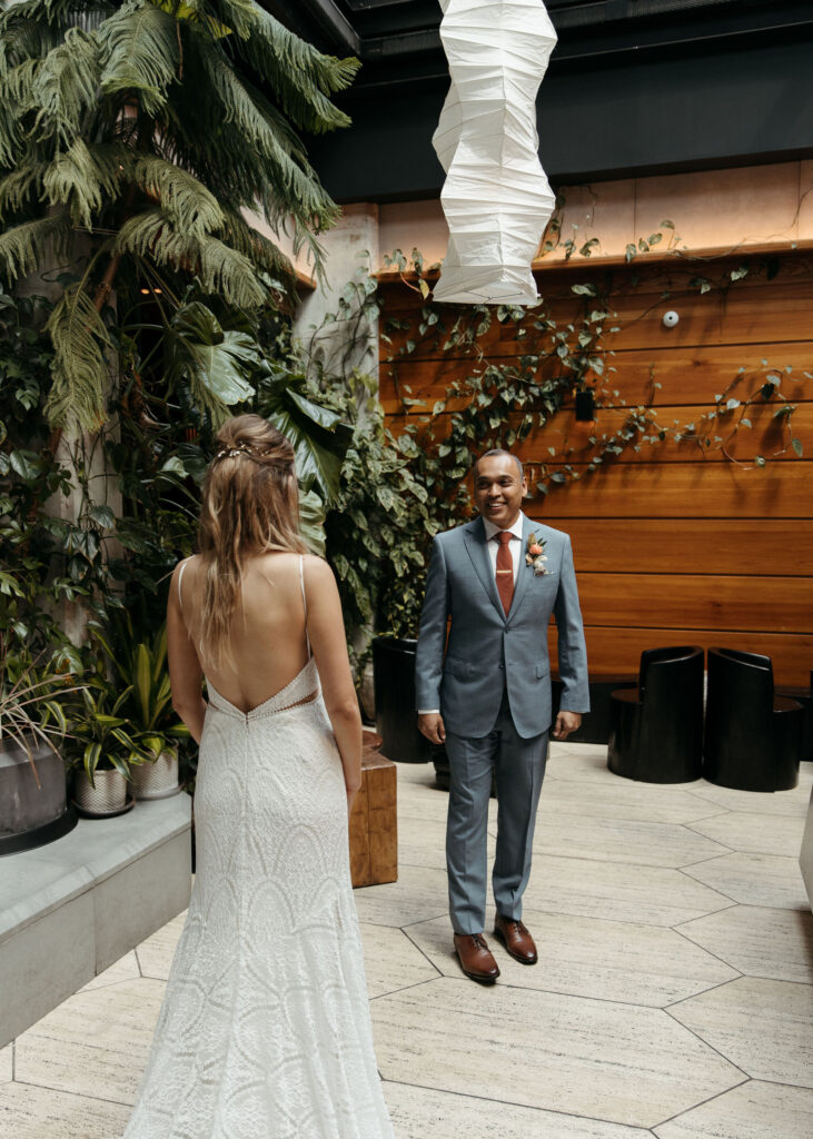 bride and groom first look at Ace Hotel, Brooklyn