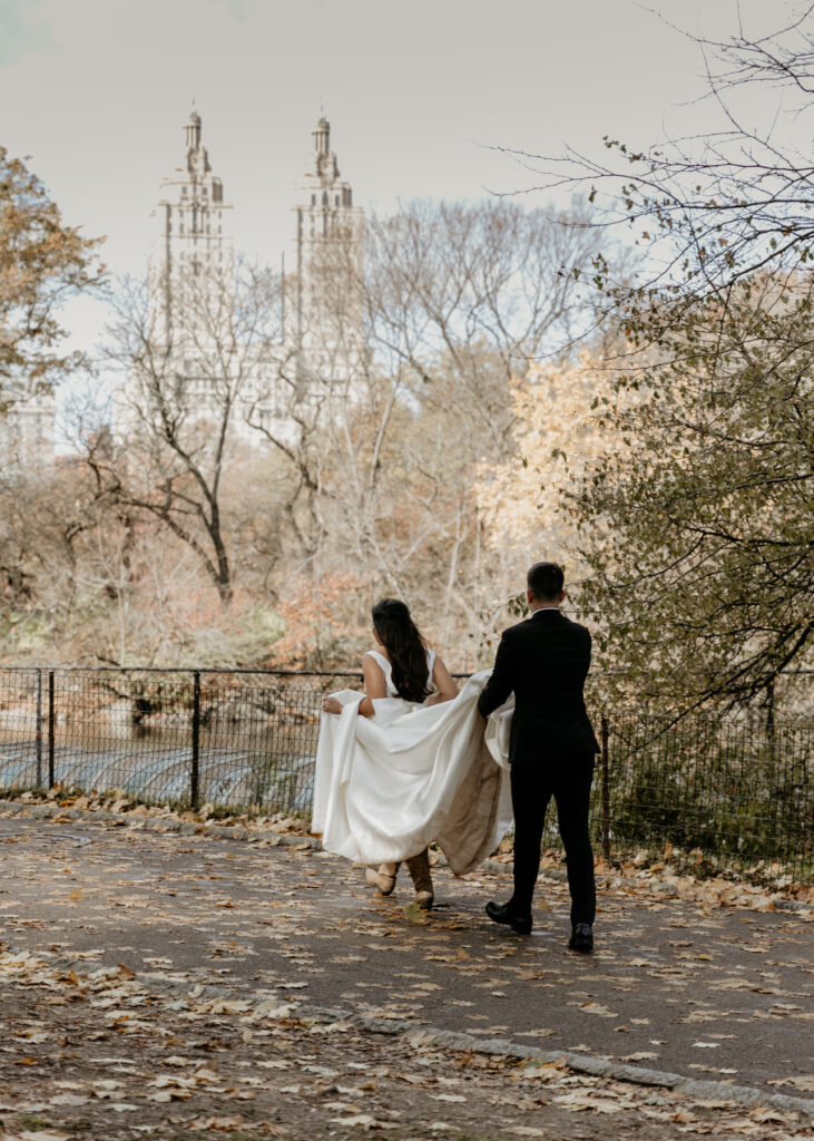 bride and groom get married in central park