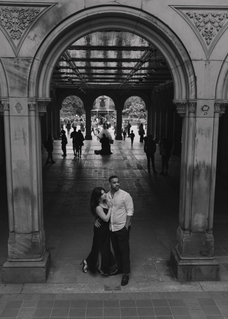 Elegant, documentary Central Park engagement photos in Bethesda Terrace