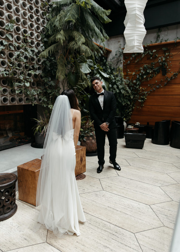 bride and groom first look at Ace Hotel Brooklyn