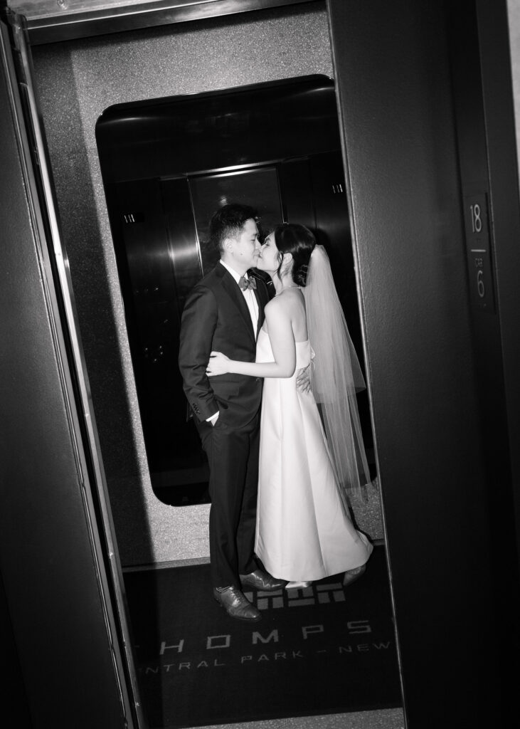 editorial style wedding photos at the hotel elevator